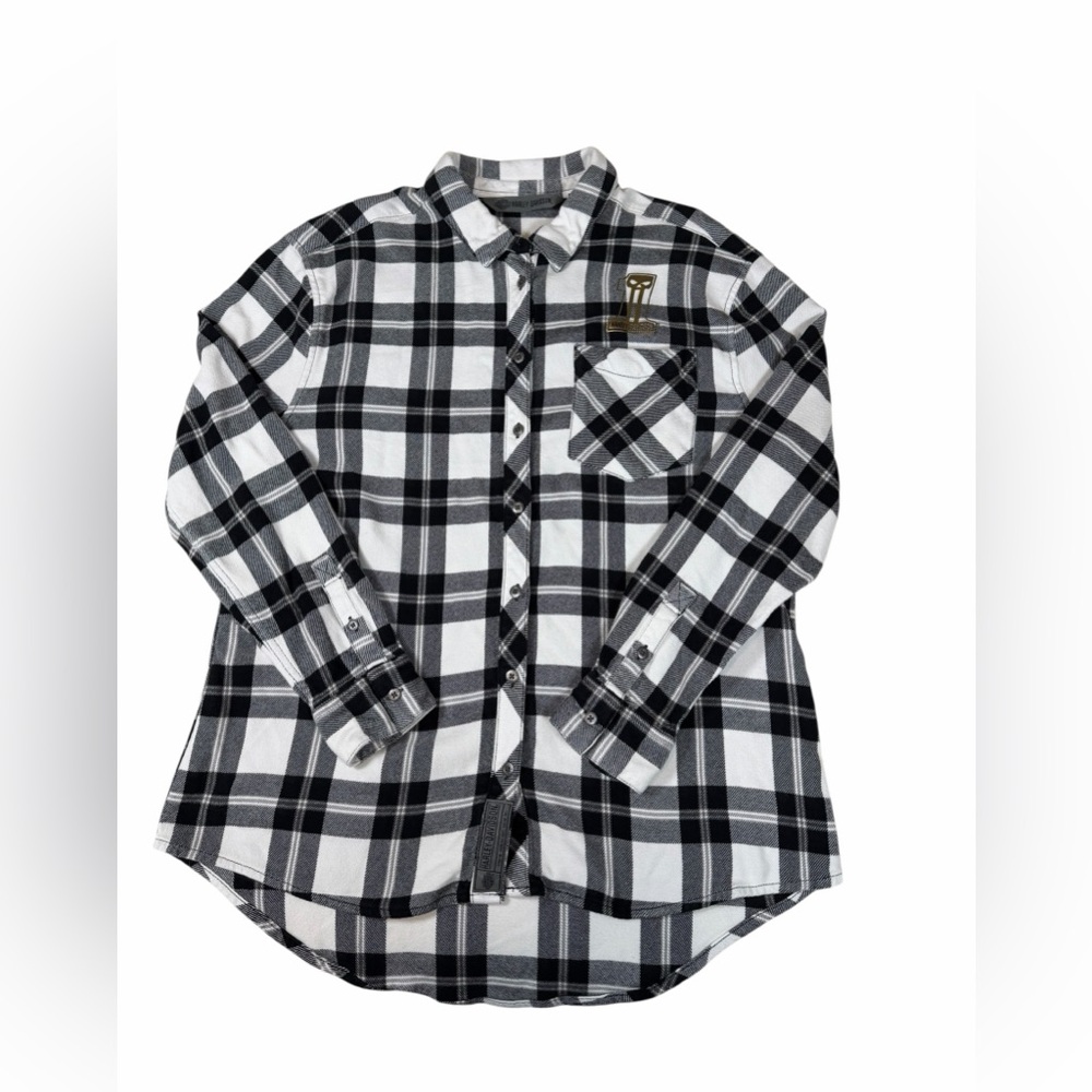 Harley Davidson Plaid Flannel Shirt XL Black White Long Sleeve Button Down